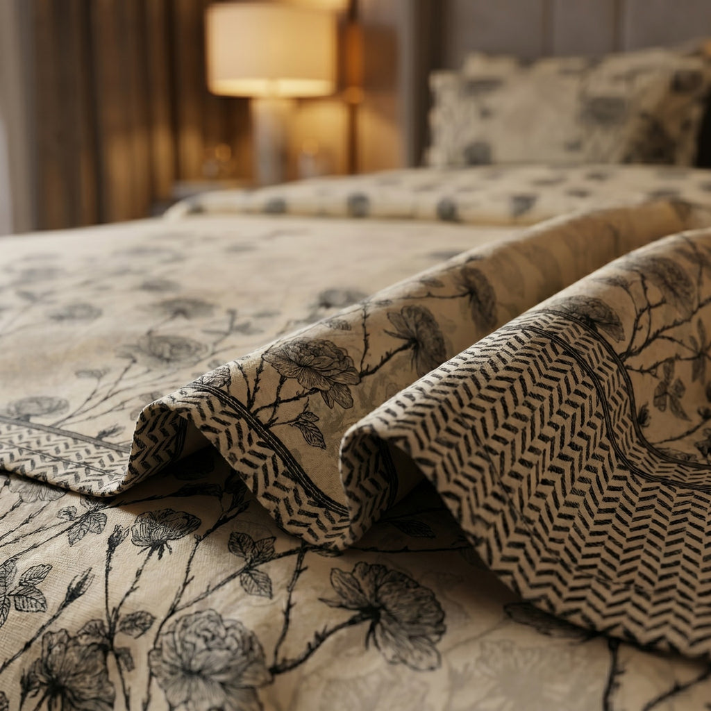 Luxury Beige Floral Cotton Bedsheet Set