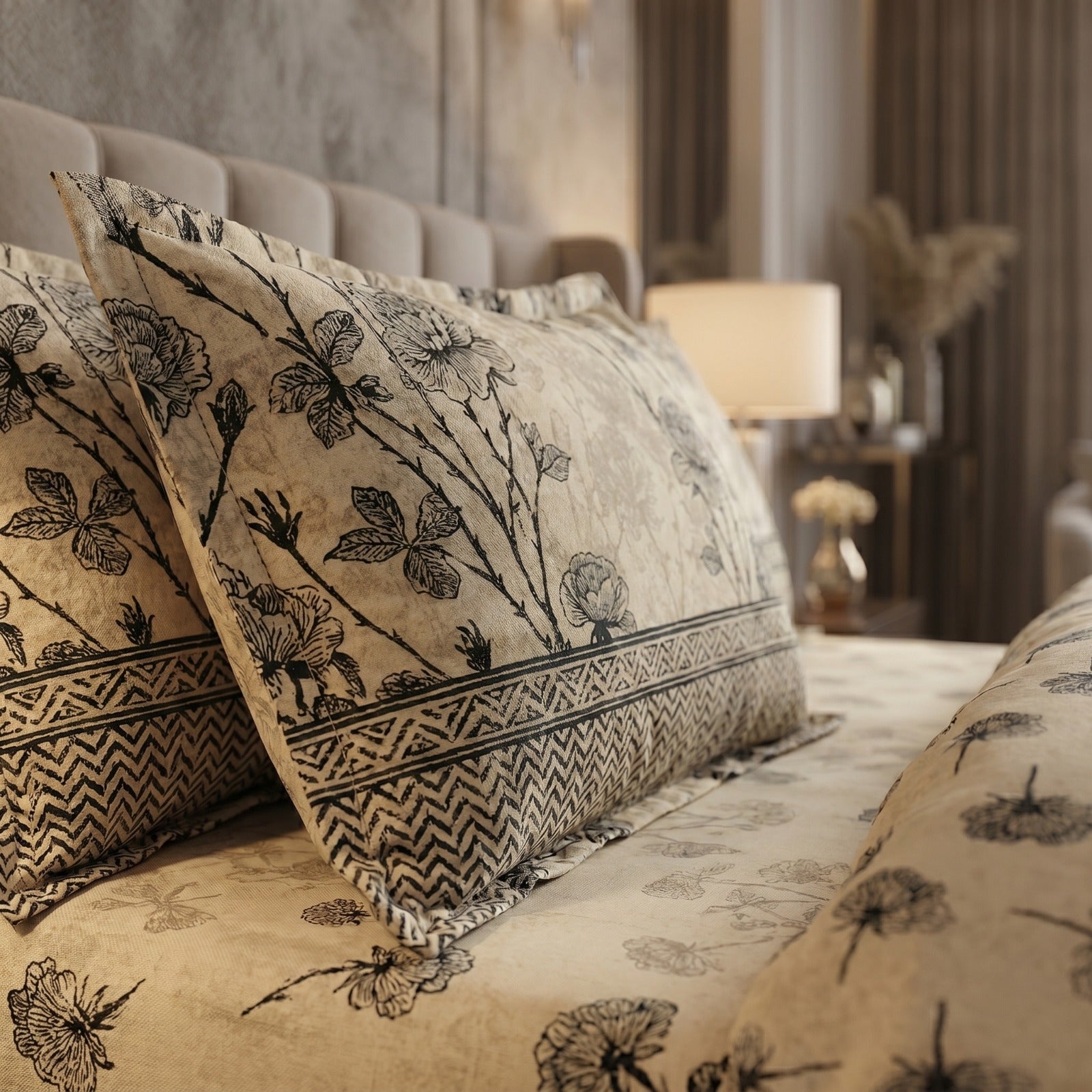 Luxury Beige Floral Cotton Bedsheet Set