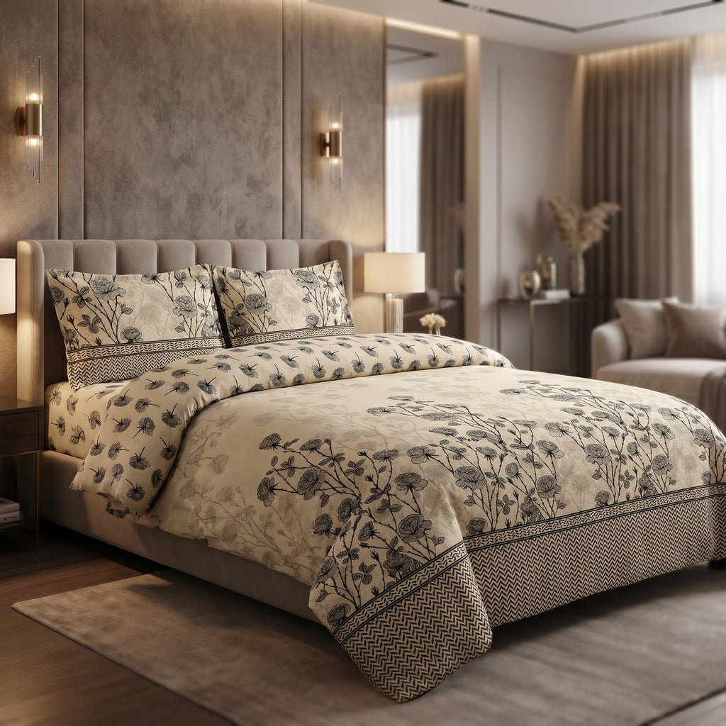 Luxury Beige Floral Cotton Bedsheet Set
