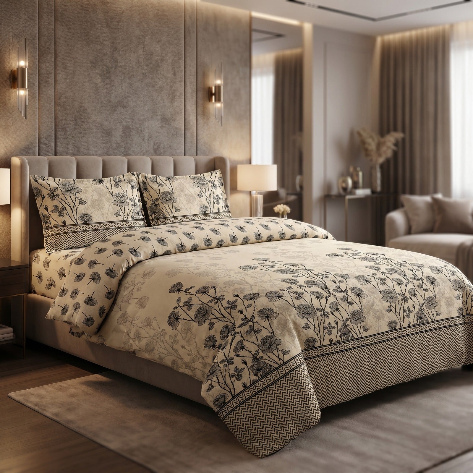 Luxury Beige Floral Cotton Bedsheet Set