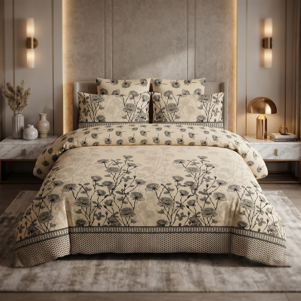 Luxury Beige Floral Cotton Bedsheet Set