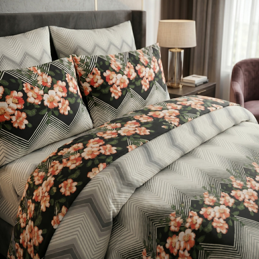 Pure Cotton Floral Chevron Bedsheet Set