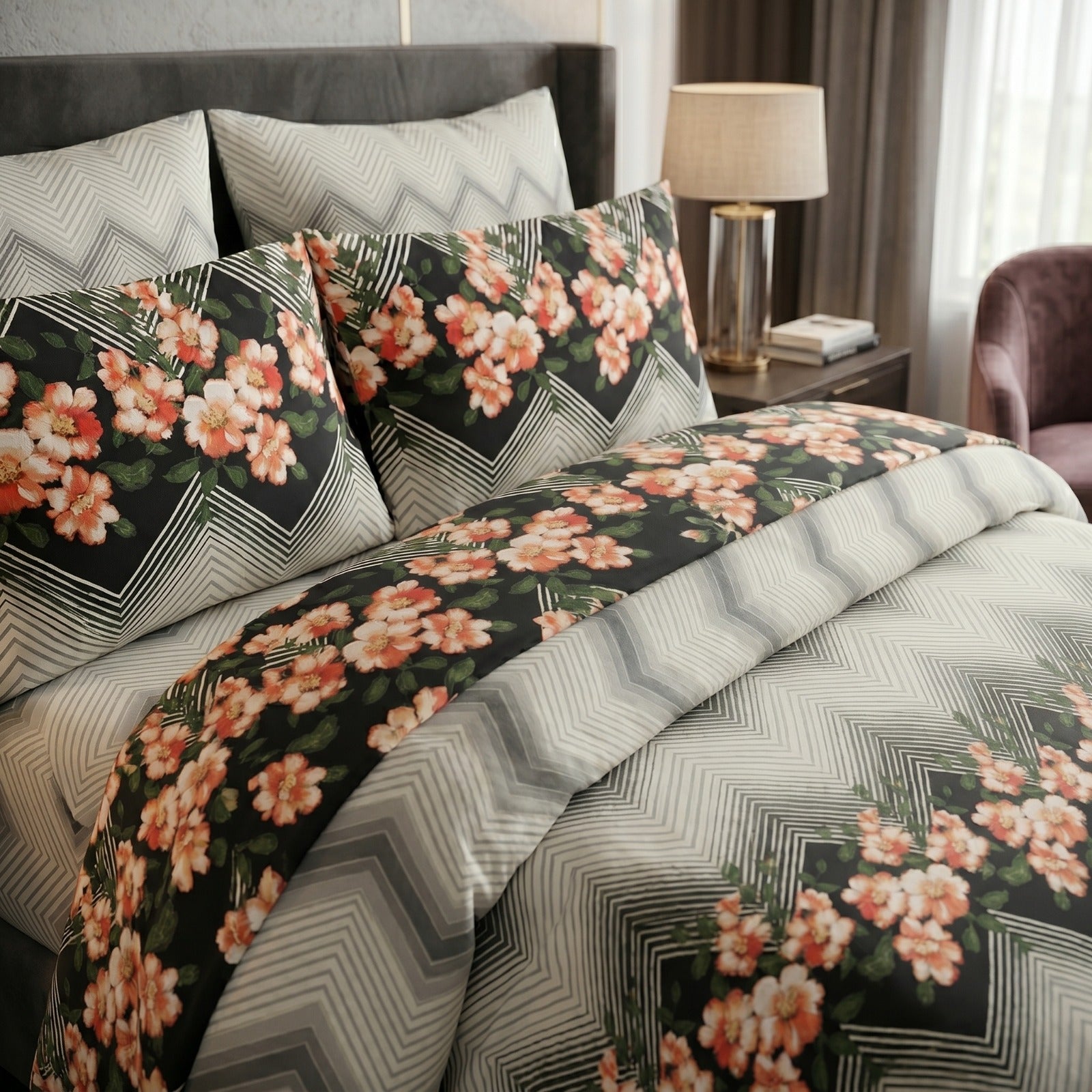 Pure Cotton Floral Chevron Bedsheet Set