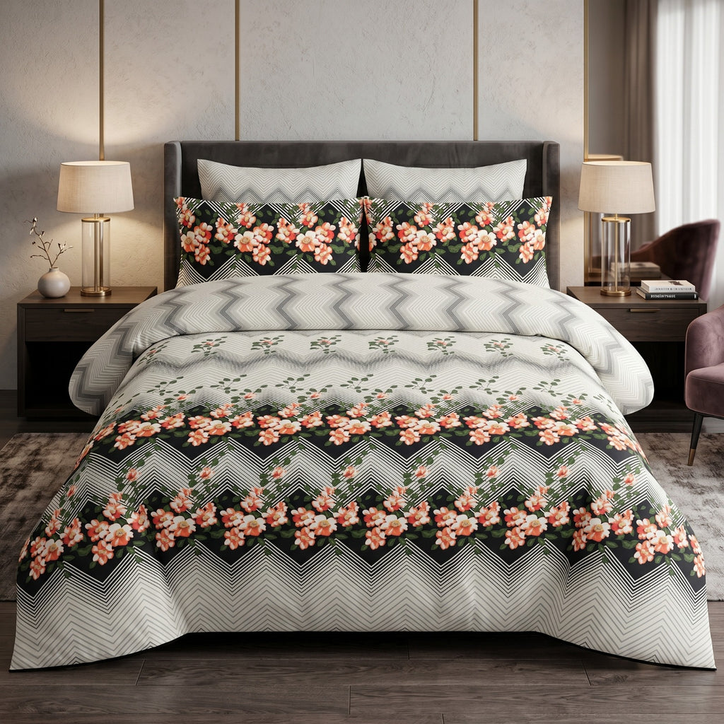 Pure Cotton Floral Chevron Bedsheet Set